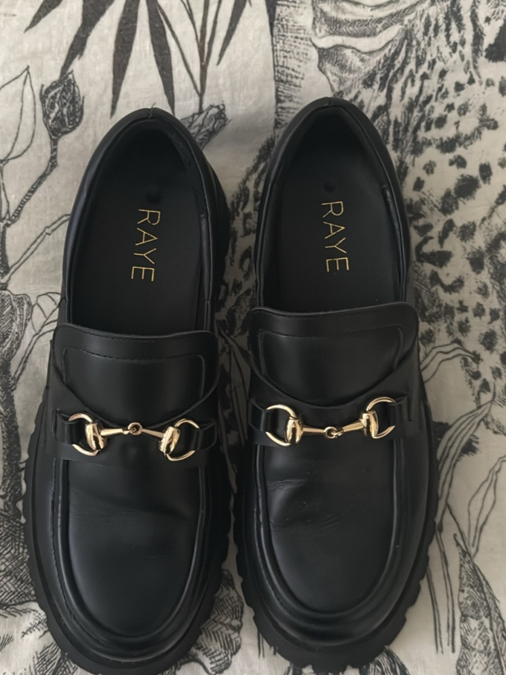 RAYE Black Leather Loafers with Gold Horsebit